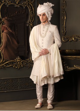 Cream Silk Anrakli Style Sherwani In Embroidery Work