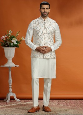 Cream Silk Embroidered Nehru Jacket Set