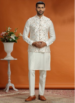 Cream Silk Embroidered Nehru Jacket Set