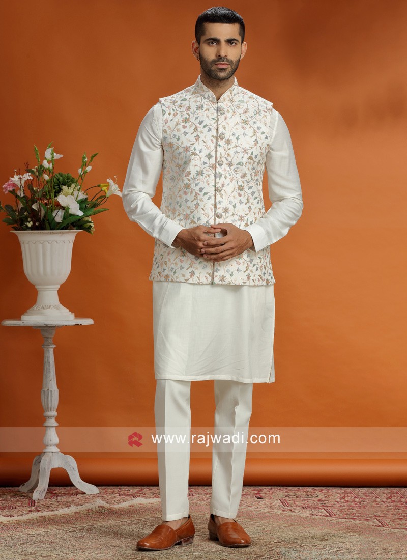 Cream Silk Embroidered Nehru Jacket Set