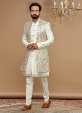 Cream Silk Wedding Wear Nehru Jacket Suit