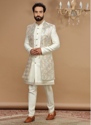 Cream Silk Wedding Wear Nehru Jacket Suit