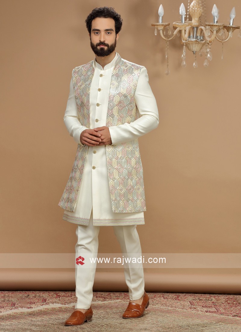 Wedding Wear Nehru Jacket Suit In Peach Color