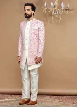 Cream Silk Wedding Wear Nehru Jacket Suit