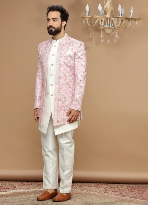 Cream Silk Wedding Wear Nehru Jacket Suit