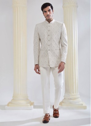 Cream Thread Embroidered Asymmetric Jodhpuri Suit