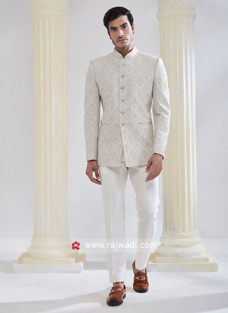 Cream Thread Embroidered Asymmetric Jodhpuri Suit
