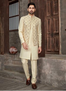 Cream Thread Embroidered Indowestern Set