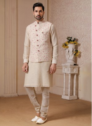 Cream Thread Embroidered Nehru Jacket Set