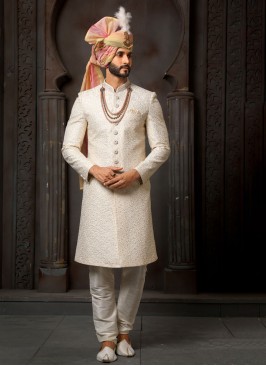 Cream And Light Pink Thread Embroidered Sherwani For Men