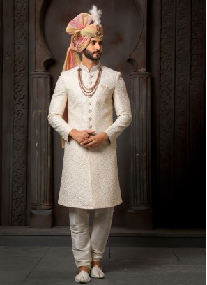 Cream And Light Pink Thread Embroidered Sherwani For Men