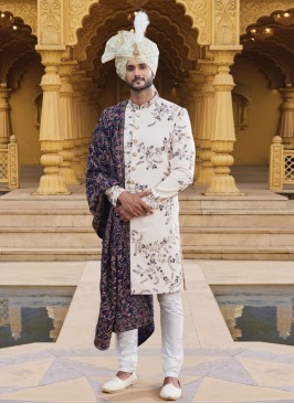 Cream Thread Embroidered Sherwani Set For Men