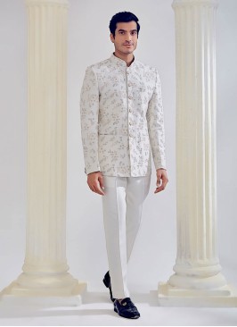 Cream Thread Embroidered Silk Jodhpuri Suit