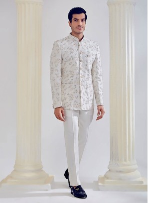 Cream Thread Embroidered Silk Jodhpuri Suit