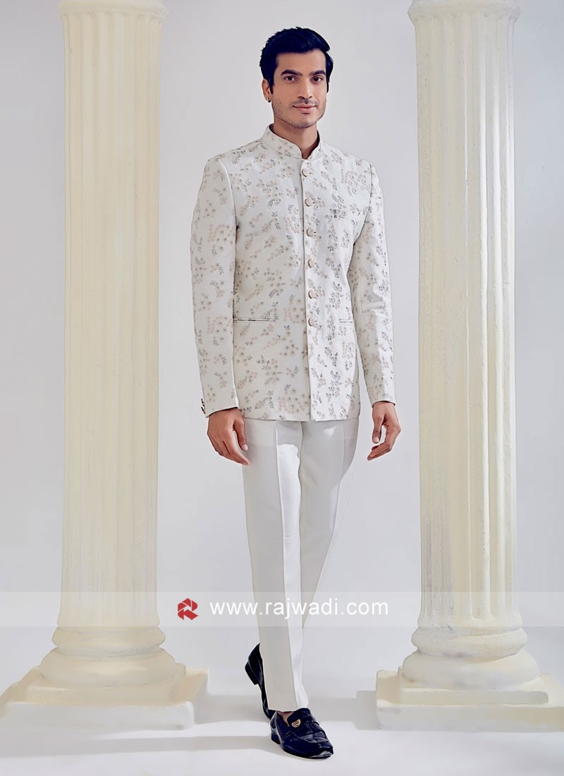 Cream Thread Embroidered Silk Jodhpuri Suit