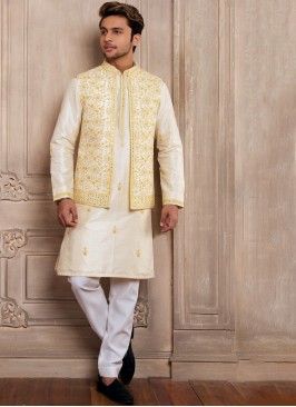 Cream Thread Embroidered Silk Nehru Jacket Set