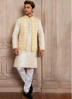 Cream Thread Embroidered Silk Nehru Jacket Set