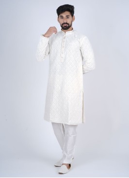 Cream Wedding Wear Cotton Kurta Set