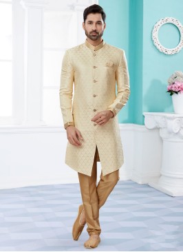 Cream Zari Embroidered Indowestern Set For Men