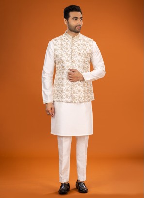 Cream Zari Embroidered Nehru Jacket Set