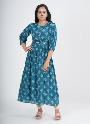 Crepe Silk Printed Kurti In Teal Blue Color