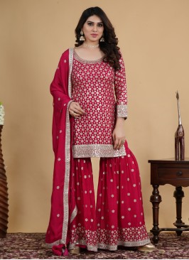 Crepe Silk Rani Embroidered Gharara Suit With Dupatta