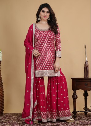 Crepe Silk Rani Embroidered Gharara Suit With Dupatta