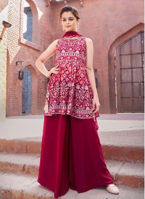 Crimson Palazzo Top Set In Chiffon Silk With Thread Work
