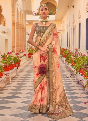 Beige and Mehndi Floral Printed Chiffon Silk Saree