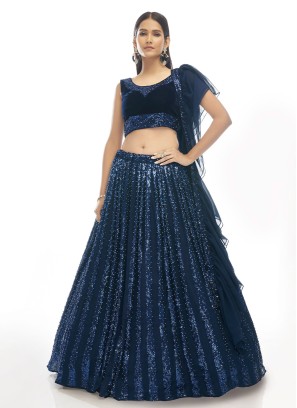 Sequins Blue Velvet A Line Lehenga Choli