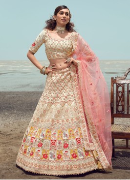 Off White Georgette Embroidered A Line Lehenga Choli