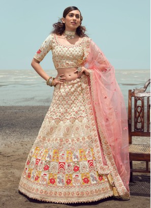 Off White Georgette Embroidered A Line Lehenga Choli