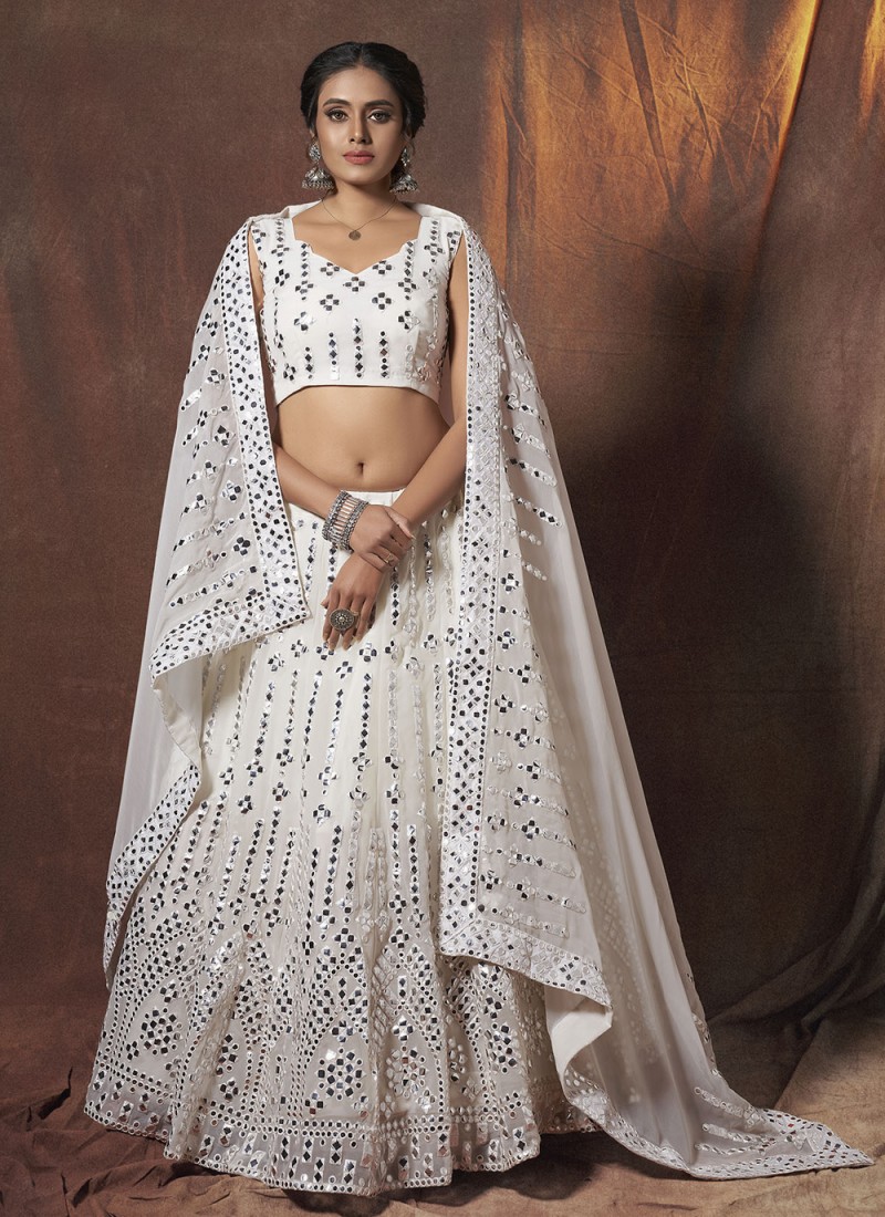 Designer, Engagement, Reception White and Off White color Net fabric Lehenga  : 1848396