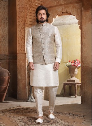 Dark Beige And Cream Nehru Jacket Set For Men