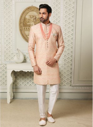 Dark Beige And White Color Indowestern For Men