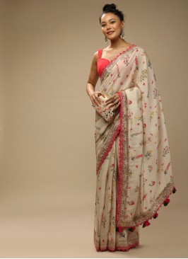 Cream Fancy Printed Chinon Silk Saree