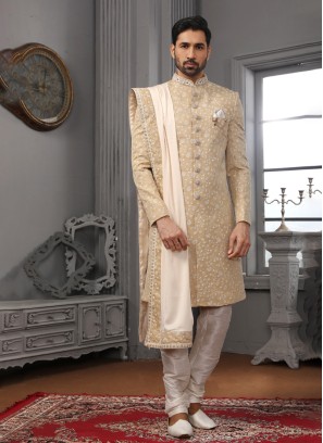 Dark Beige Thread Embroidered Art Banarasi Silk Sherwani