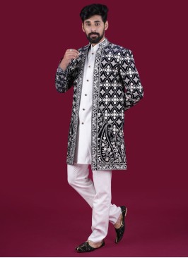 Dark Blue And White Jacket Style Indowestern In Velvet