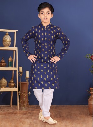 Dark Blue Cotton Printed Kurta Pajama