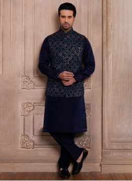 Dark Blue Embroidered Nehru Jacket Set