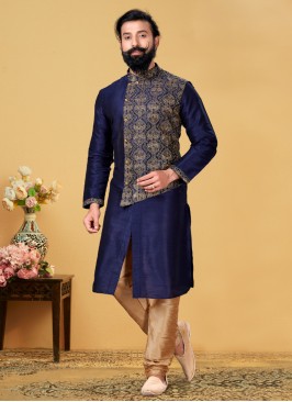 Dark Blue Indowestern Set In Thread Embroidered Design