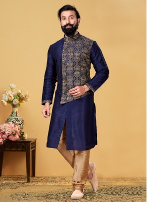 Dark Blue Indowestern Set In Thread Embroidered Design