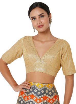 Dark Gold Readymade Blouse In A Deep V Neckline