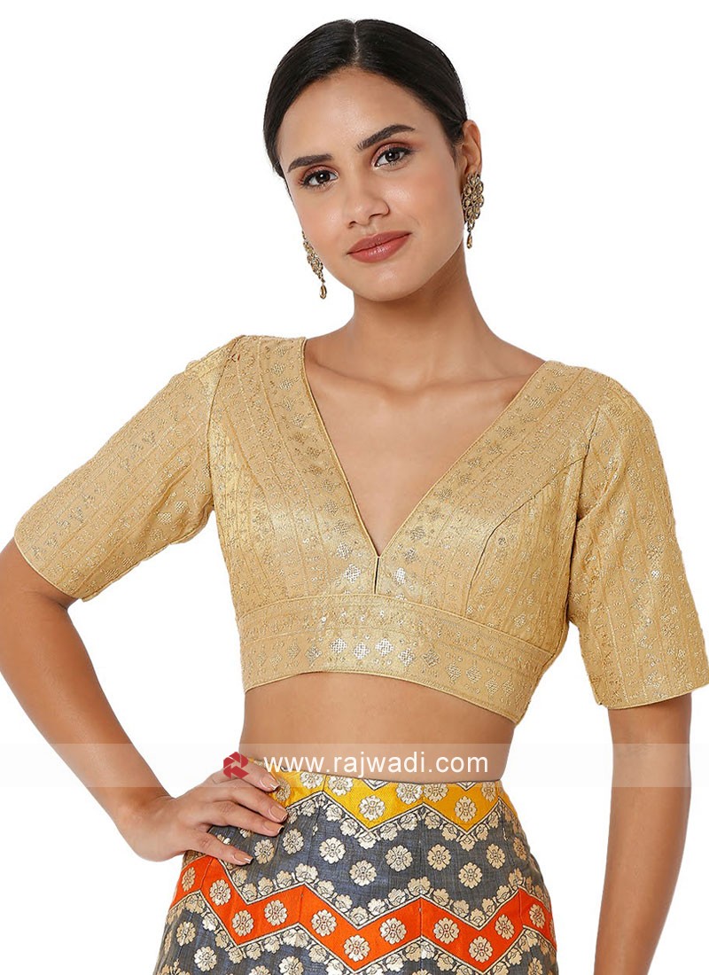 Deep V Neck Ready Blouse In Thread Work