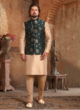 Dark Green And Golden Cream Weaving Print Nehru Jacket Set