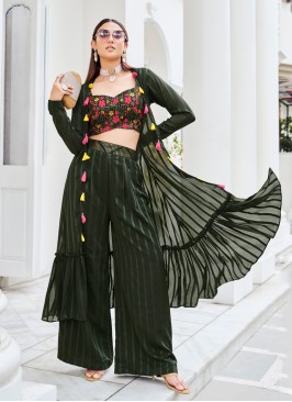 Dark Green Embroidered Georgette Palazzo Set With Flared Jacket