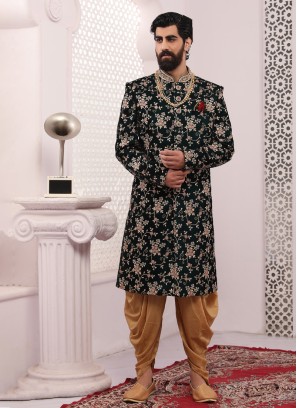 Dark Green Heavy Embroidered Dhoti Style Sherwani For Men