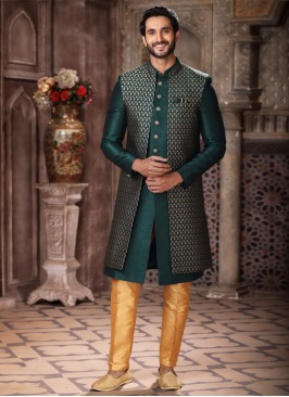 Dark Green Jacket Style Indowestern In Banarasi Jacquard