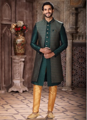 Dark Green Jacket Style Indowestern In Banarasi Jacquard