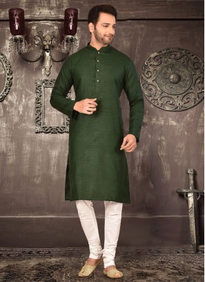 Dark Green Kurta Pajama In Cotton